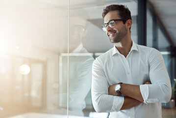 Poster - Thinking, happy and business man with arms crossed in office on glass wall for insight, mindset or inspiration. Confident worker, idea and planning future, vision or reflection for view or job growth