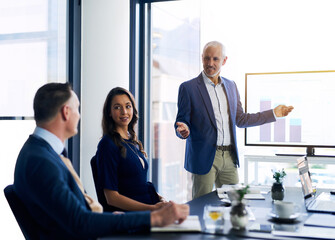 Aufkleber - Corporate, people and tv screen with statistics for presentation on business growth as accountant. Office, happy and graphs with feedback, report and information for finances in meeting with clients