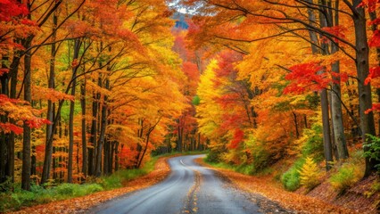 Vibrant forest road in peak autumn with red, orange, and yellow foliage