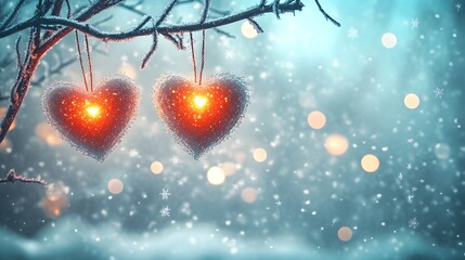 Two glowing glass hearts hang from the branches of an ice-covered tree, set against a snowy background with bokeh lights and a blue color scheme