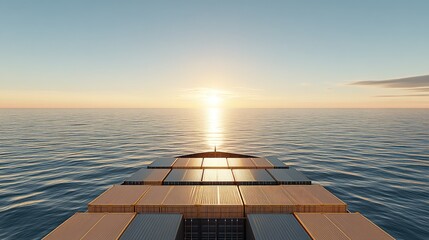 Canvas Print - A large container ship navigates the serene ocean, showcasing its colorful cargo and striking design, illuminated by warm sunlight from behind