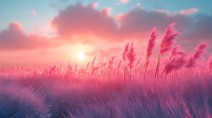 Wall Mural - a field of tall grass illuminated by a vibrant pink sunset.