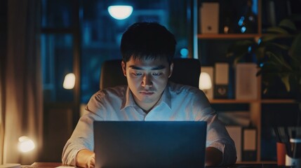Poster - A focused individual working on a laptop in a dimly lit room.