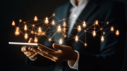 Poster - a business professional utilizes a tablet while engaging with a virtual network of glowing user icon