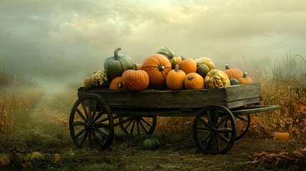 A rustic wooden wagon filled with pumpkins sits in a foggy field.