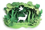 Paper art in the style of a green forest with deer and a dove bird on top, against a white background.