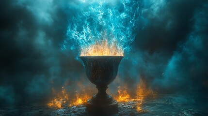 A ornate metal chalice sits on a stone surface surrounded by flames and smoke, with blue flames rising from the chalice.