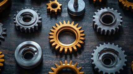 gears neatly arranged on a workshop table, showcasing mechanical precision, industrial design, and the components used in machinery and engineering processes for production and innovation