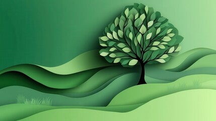 Wall Mural - abstract green background with a tree and waves for the world environment day concept in a paper-cut