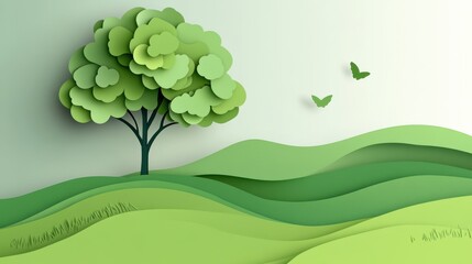 Wall Mural - abstract green background with a tree and waves for the world environment day concept in a paper-cut