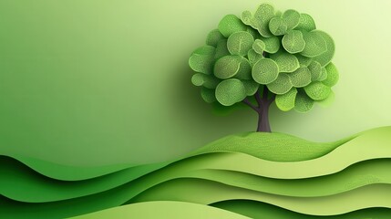 Wall Mural - abstract green background with a tree and waves for the world environment day concept in a paper-cut