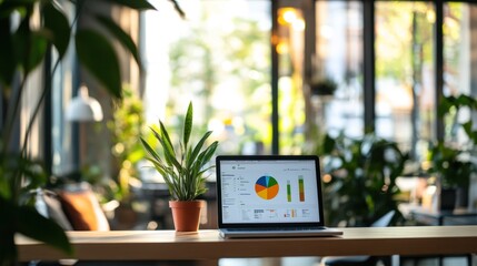 Poster - A laptop displaying graphs sits on a table surrounded by plants in a modern workspace.