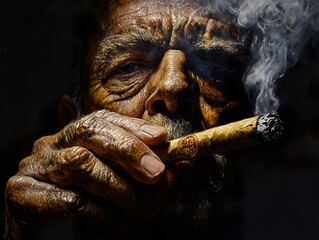 Canvas Print - Close-up Portrait of a Man Smoking a Cigar