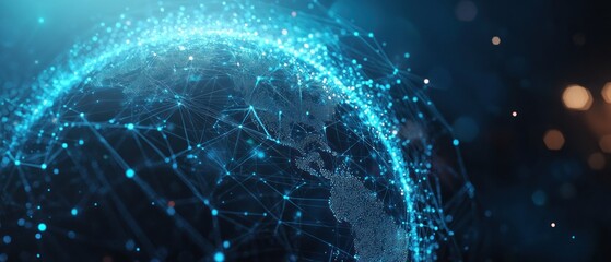Poster - A digital representation of Earth connected by a network of glowing lines and dots.