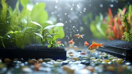 Vibrant aquarium scene with goldfish and aquatic plants, colorful pebbles below.