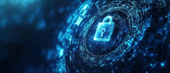 Poster - A digital lock symbolizing cybersecurity within a futuristic network.