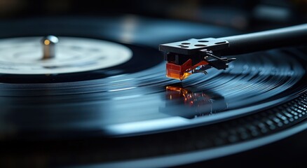 Close-up of a needle gently resting on a vinyl record during playback in a cozy setting