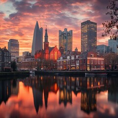 The Hague cityscape downtown skyline in Netherlands at sunset