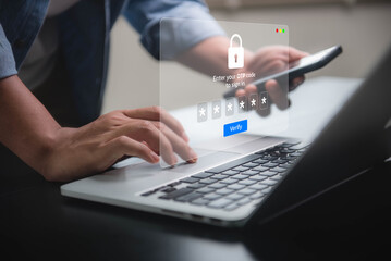 Leinwandbilder - person entering OTP code on laptop for secure two factor authentication login. ensuring secure online authentication. data protection and secured internet access.