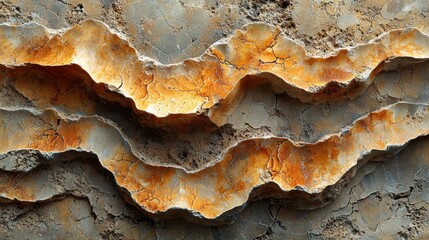 Wall Mural - An abstract image showcasing layered textures with golden-orange hues and cracked patterns, resembling natural formations.