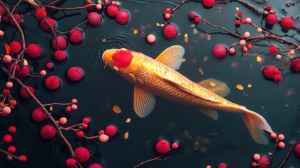 Golden koi fish swimming in a pond, surrounded by festive red decorations and plum blossoms, symbolizing good fortune.