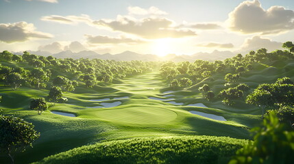 Very lifelike golf field at sunshrine, the middle of the field view likes as the first person perspective ,Golf sport landscape