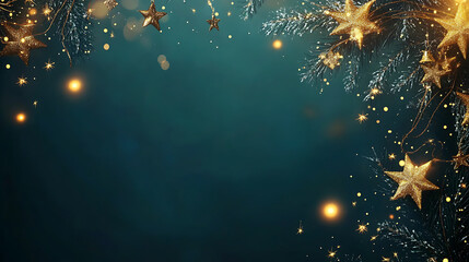 Poster - Christmas background with golden stars and garlands on a deep blue backdrop