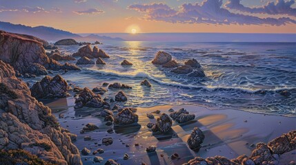 Canvas Print - Coastal Sunset Landscape with Rocky Shore