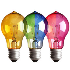 Poster - Three multicolored light bulbs standing on white background representing the concept of creativity
