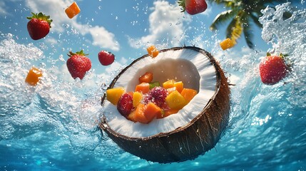 A halved coconut filled with tropical fruit floats in a pool of water, with fruit falling into it and splashing.