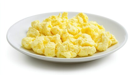 A serving of scrambled eggs, light and fluffy, sitting on a white plate, isolated against a white background for a minimalist breakfast theme.