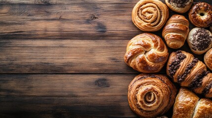 Freshly baked sweet buns and chocolate croissants on rustic wooden surface Perfect for breakfast or brunch featuring ample copy space for banners