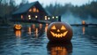 © Pixteegraph - A glowing jack-o'-lantern reflects in water at dusk, with a cozy cabin and fog in the background, creating a hauntingly beautiful Halloween scene.