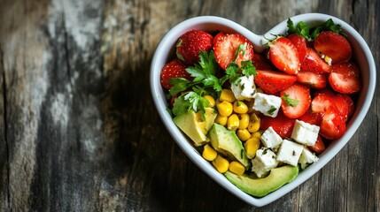 Heart shaped bowl brimming with fresh ingredients including strawberries corn tomatoes avocado and feta cheese against a rustic wooden backdrop