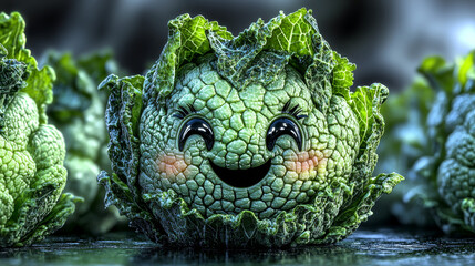 smiling green veggie with big black eyes.