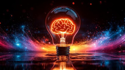 Poster - A glowing light bulb surrounded by vibrant inside the bulb shaped like a brain to symbolize thinking differently