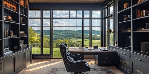 home office of black luxury farmhouse with views of the rolling hills