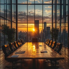 Poster - A modern office meeting room space with large windows cityscape sun shining