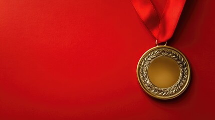 gold medal with a red ribbon on a vibrant red background symbolizing achievement and success