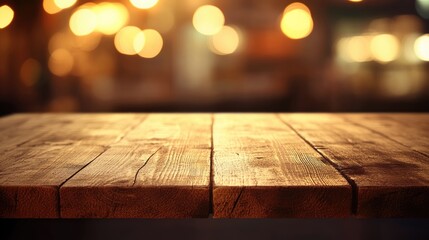 Fototapete - Wooden table with a blurred bokeh background ideal for product display montages featuring an out of focus setting with warm lighting effects