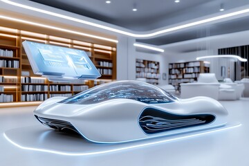 Aufkleber - A 3D model of a futuristic reading room, with sleek, floating books and a holographic interface for selecting titles