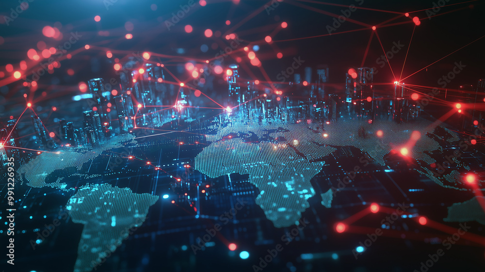 Global digital economy network interconnected cities across continents ...