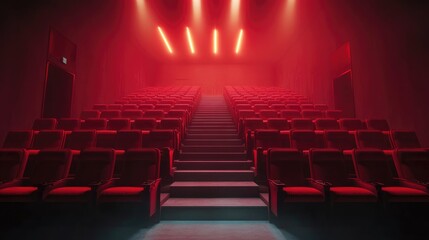 Empty red theater seats arranged in rows within a softly illuminated cinema space