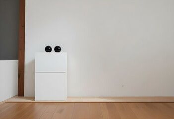 A minimalist white cabinet with two black spherical objects on top, placed against a plain white wall with a wooden floor.