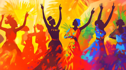 Joyful background with a festival celebrating Afrobeat music, including colours and energetic dance performances