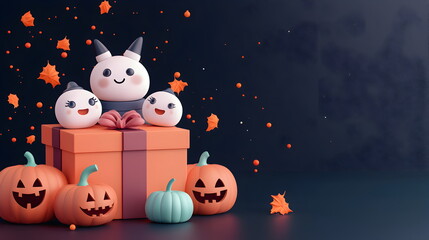 Wall Mural - A vector illustration of Halloween characters in 3d clay design, with space to text and decor by a gift box in a Happy Halloween concept, adorable and festive, isolated on a dark background