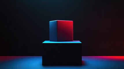 Wall Mural - A cube rests against a black backdrop featuring a vibrant red and blue color scheme