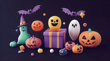 Wall Mural - A vector illustration of Halloween characters in 3d clay design, with space to text and decor by a gift box in a Happy Halloween concept, adorable and festive, isolated on a dark background