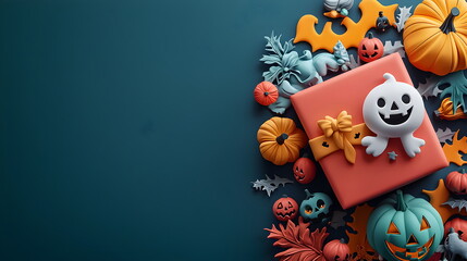 Wall Mural - A vector illustration of Halloween characters in 3d clay design, with space to text and decor by a gift box in a Happy Halloween concept, adorable and festive, isolated on a dark background