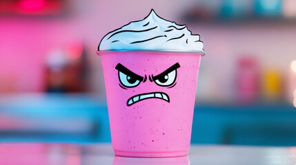 Sticker - Angry pink milkshake with whipped cream.